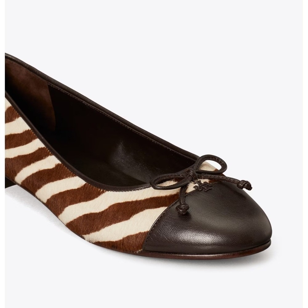 Tory Burch Zebra Print Calf Hair Leather Ballet Flats Brown Cream Bow Women 13M